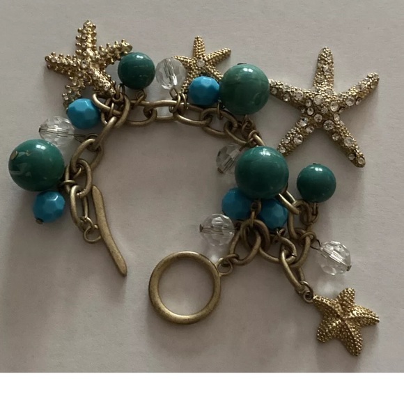 Vintage Y2K Bracelet Sea Motif Silver Starfish Seashells Turquoise Beads Charms - Picture 1 of 7